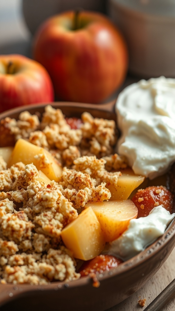Sugar-Free Apple Crumble Recipe A delicious sugar-free apple crumble with a crunchy topping, served in a rustic dish with yogurt.